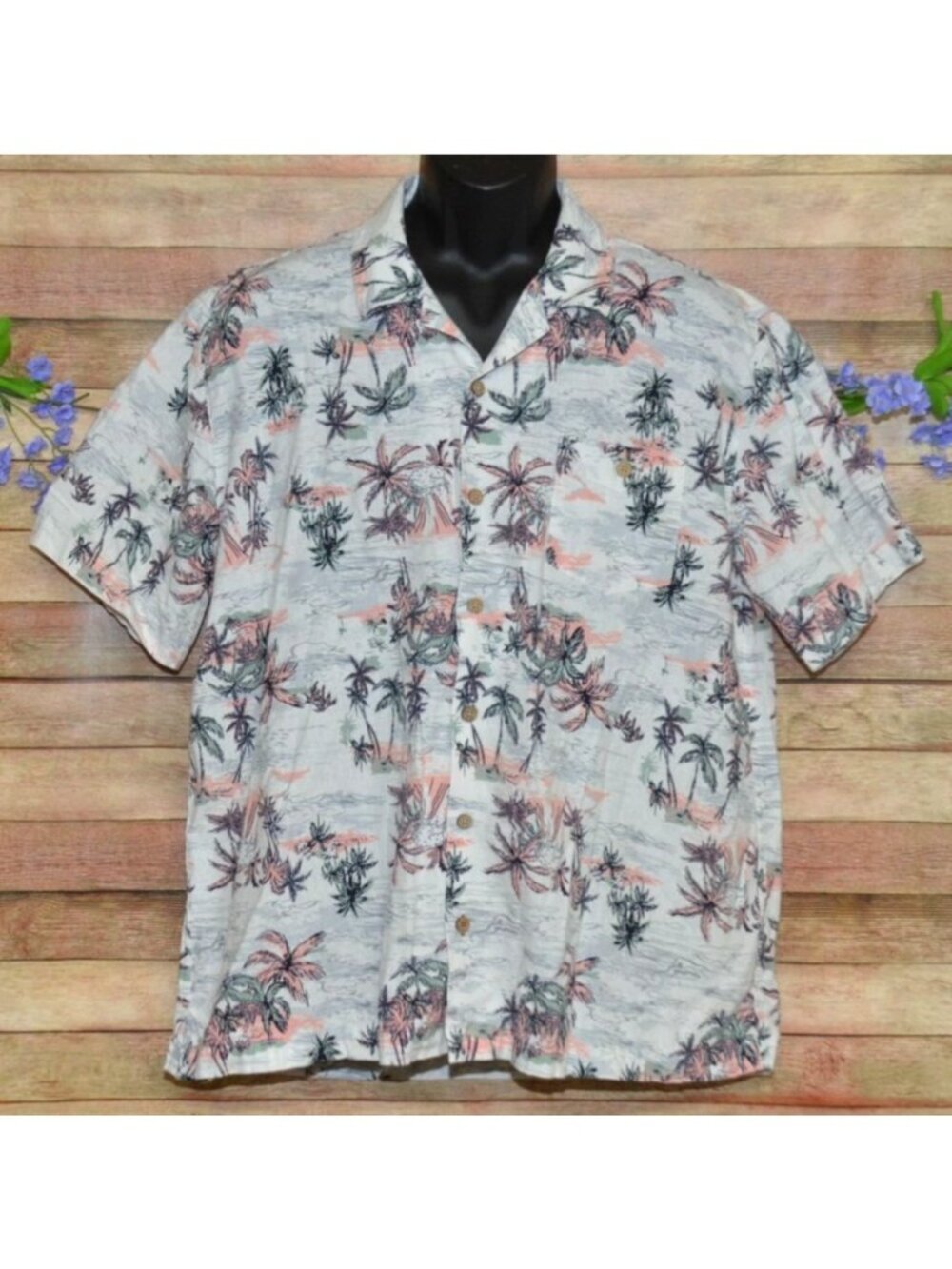 Mens XL Weatherproof Button Down Hawaiian Style Camp Shirt Linen Palm Print